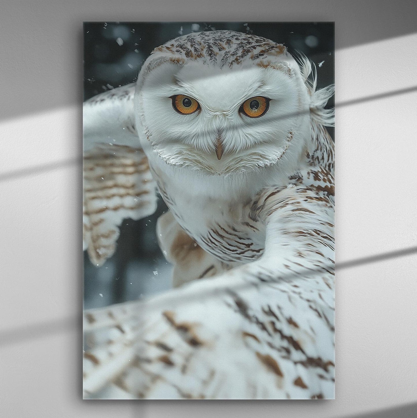 Snowy owl in flight with intense gaze, set against a wintry background.