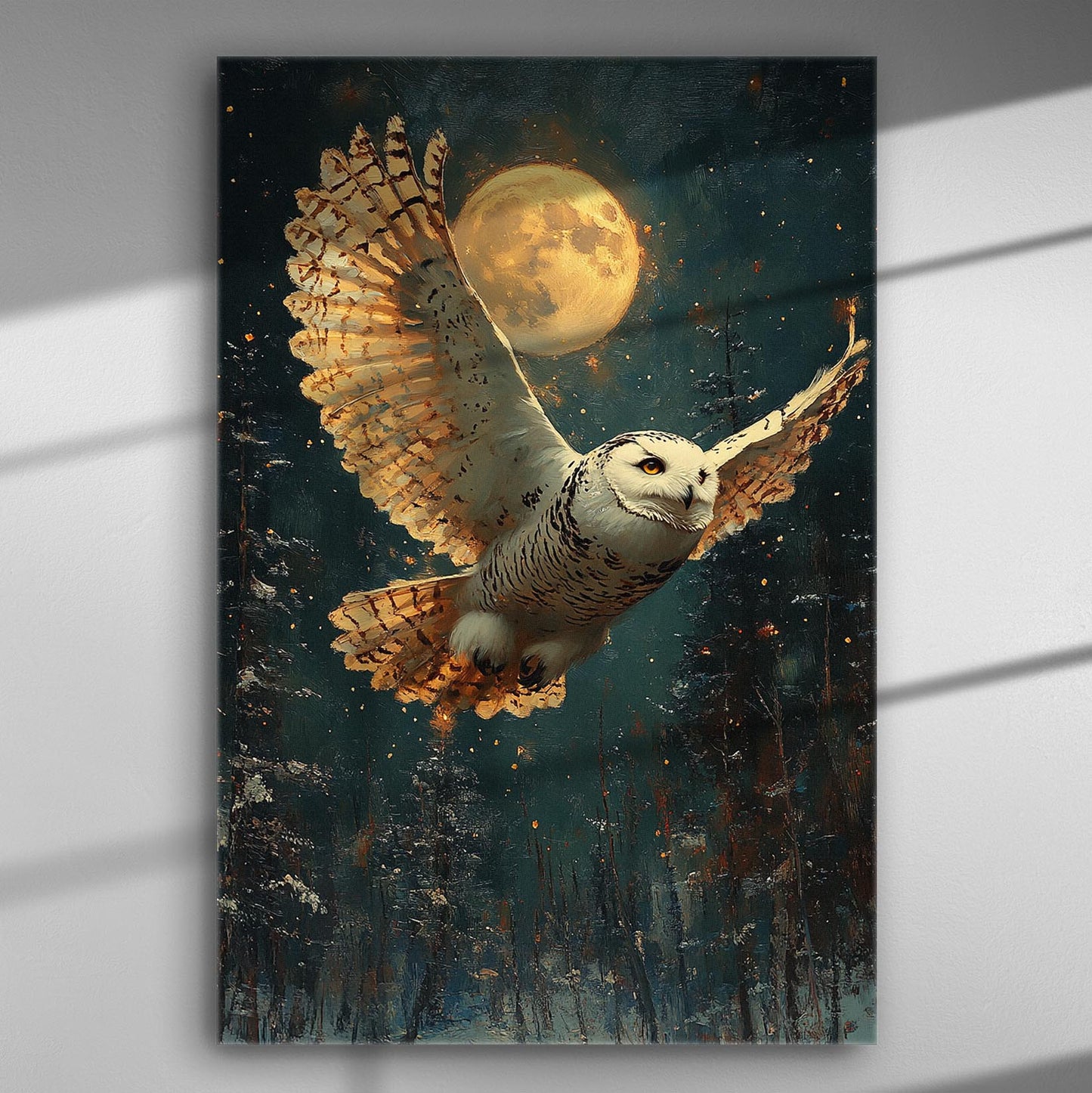 A majestic owl in flight under a full moon on a canvas print, showcasing vivid colors and detailed feathers.