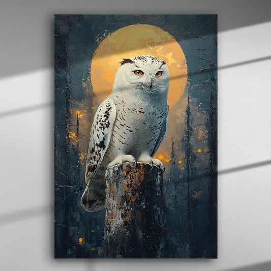 A white owl perched on a tree stump with a glowing moon in the background, set against a dark blue and golden toned forest scene.