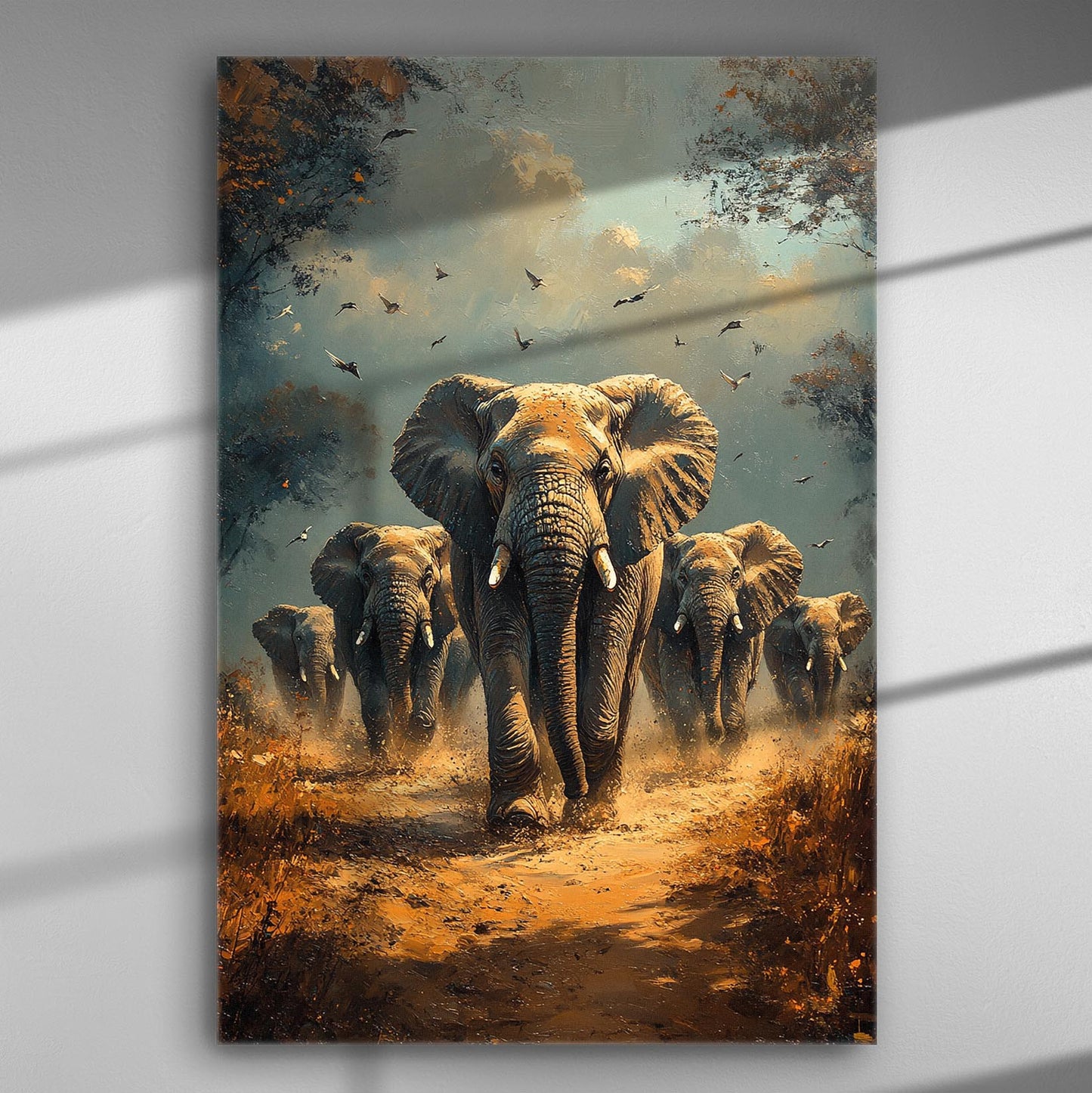Canvas print of elephants marching forward in a natural setting with birds in the sky.