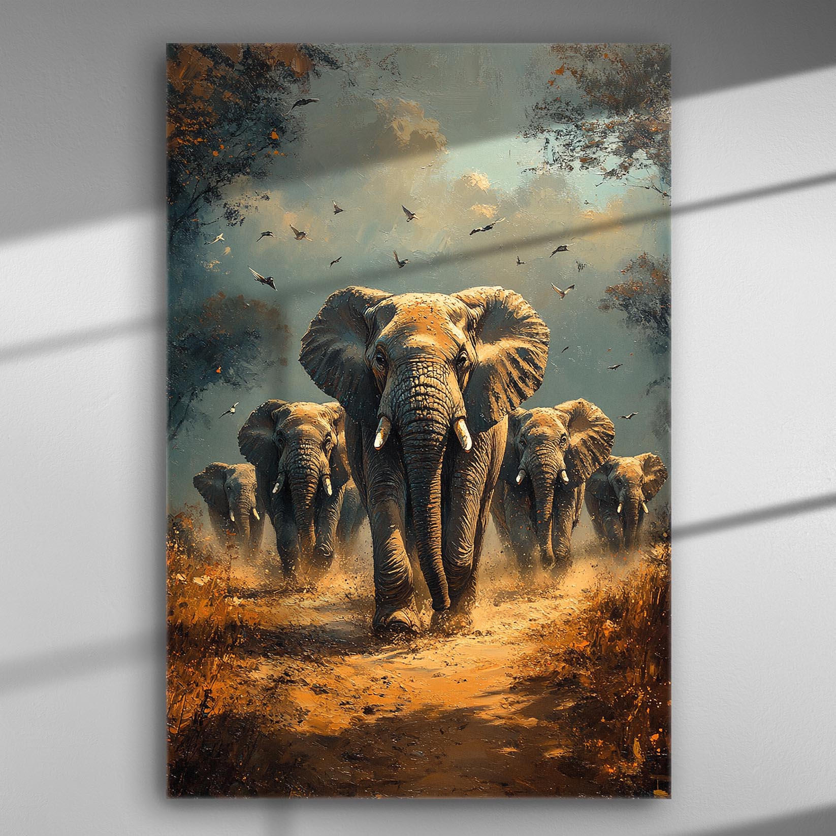 Canvas print of elephants marching forward in a natural setting with birds in the sky.
