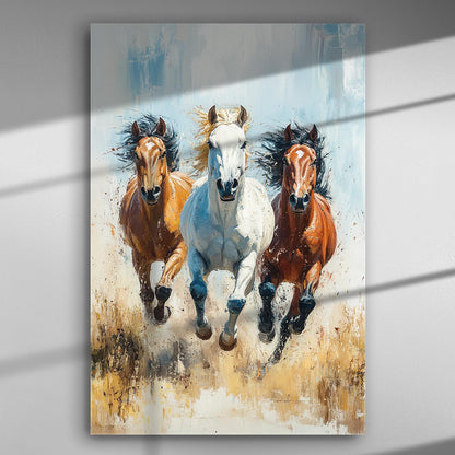 Canvas painting of three galloping horses in brown and white tones.
