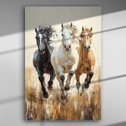 Painting of three galloping horses on canvas, showcasing dynamic movement and power.