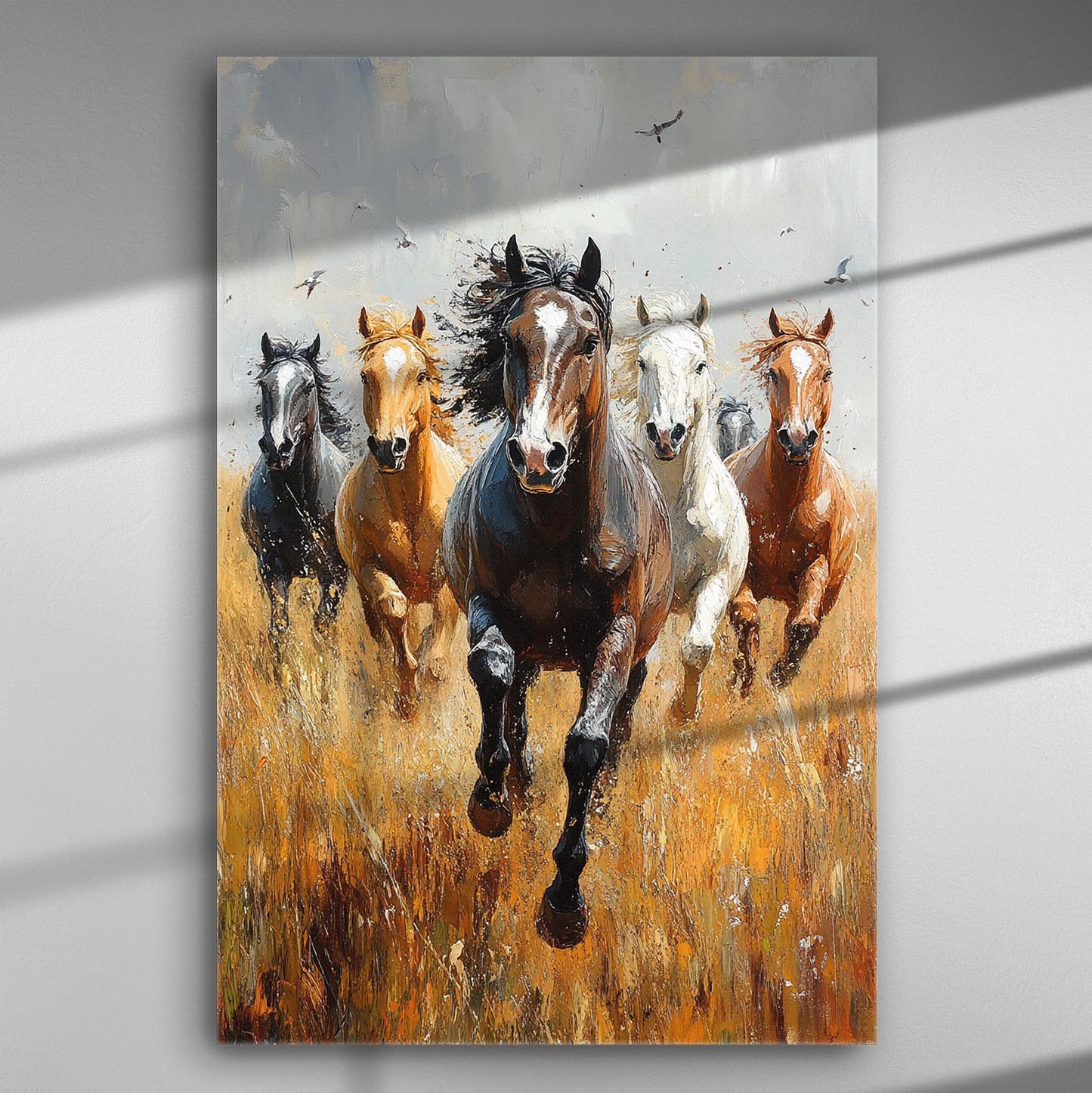 Horses galloping across a field with dynamic energy and vibrant colors.