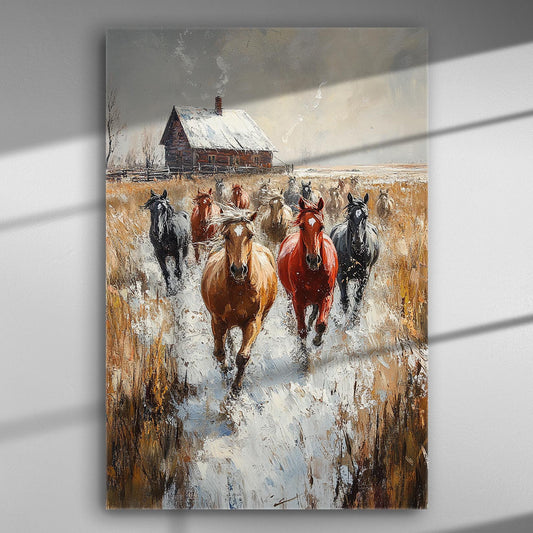 Wild horses running through snow with a wooden house in the background.