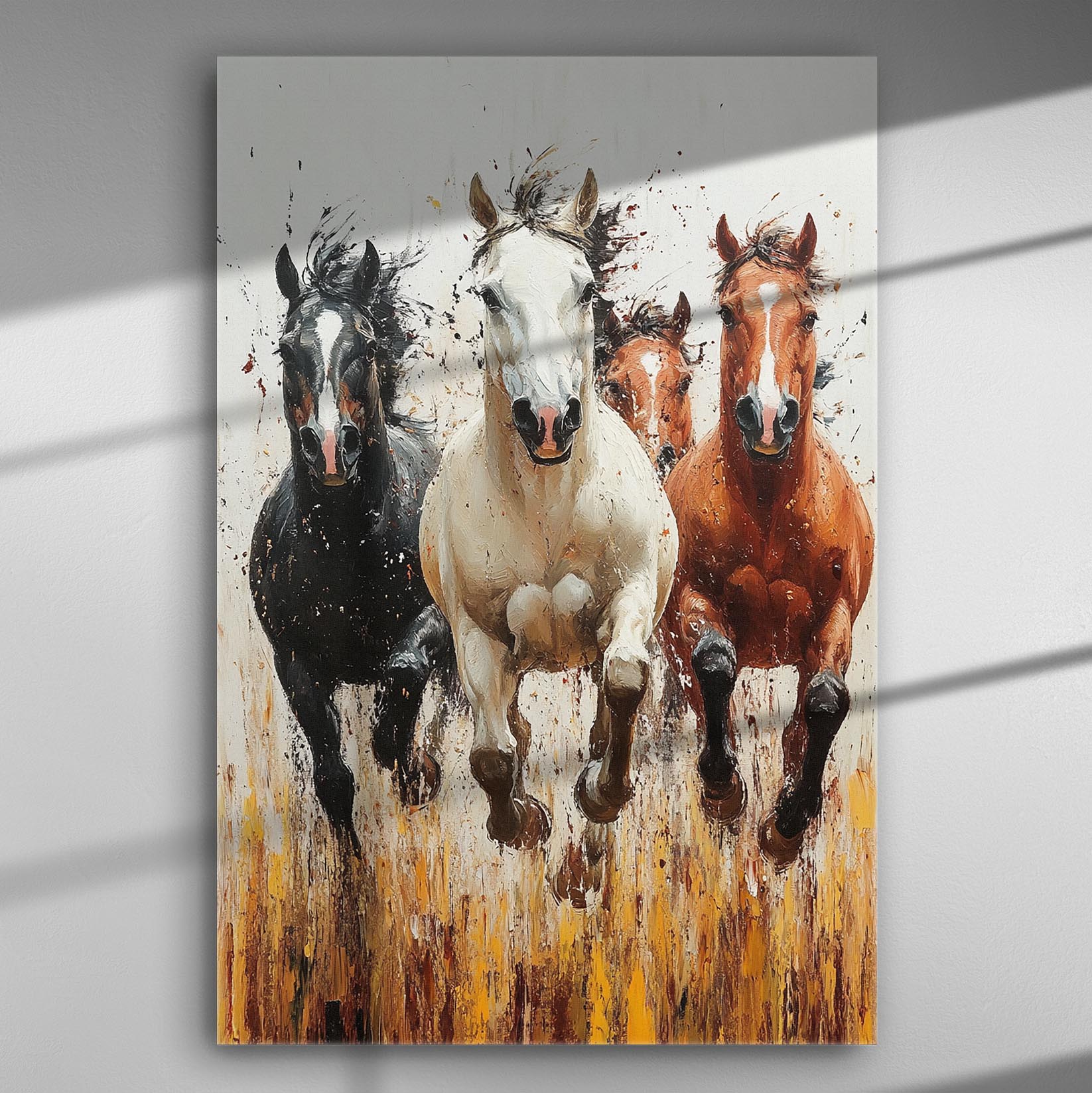 Four galloping horses on a canvas, showcasing dynamic motion and vibrant colors.