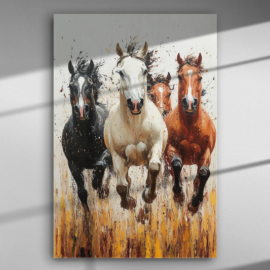 Four galloping horses on a canvas, showcasing dynamic motion and vibrant colors.