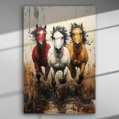 Three galloping horses painted with vibrant colors on canvas.