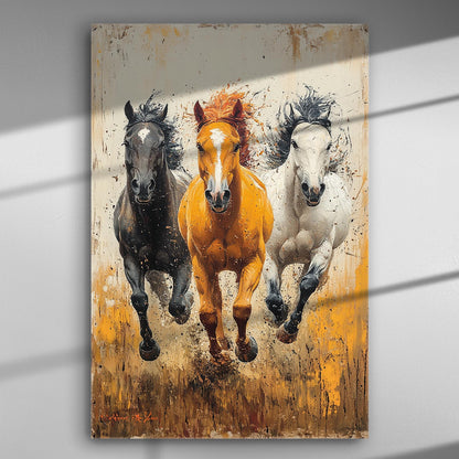 Three horses running, captured in vibrant colors on a canvas print.