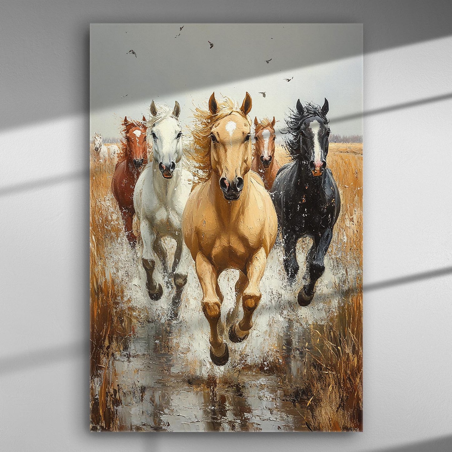Horses running through water on a canvas print.