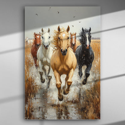 Horses running through water on a canvas print.
