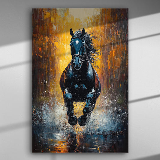 Dynamic horse galloping through sand in vibrant painting on canvas.
