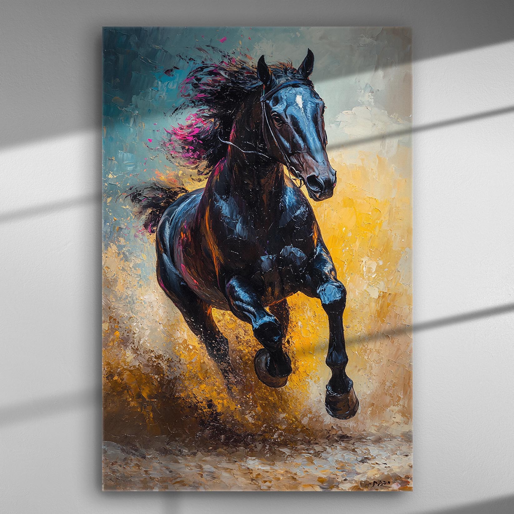 Canvas print of a black horse in motion with a dynamic background.