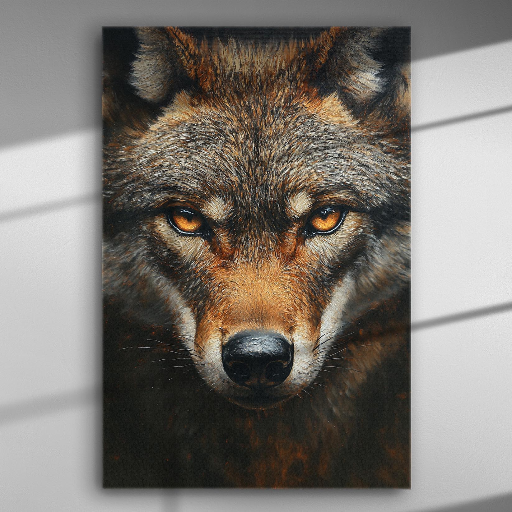 Close-up of a wolf's face with piercing eyes on a canvas print.