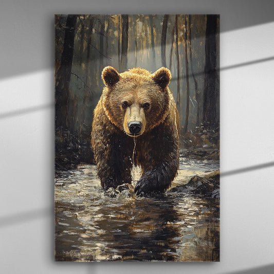 A bear walking through water in a forest, on a canvas print with detailed texture and lighting.