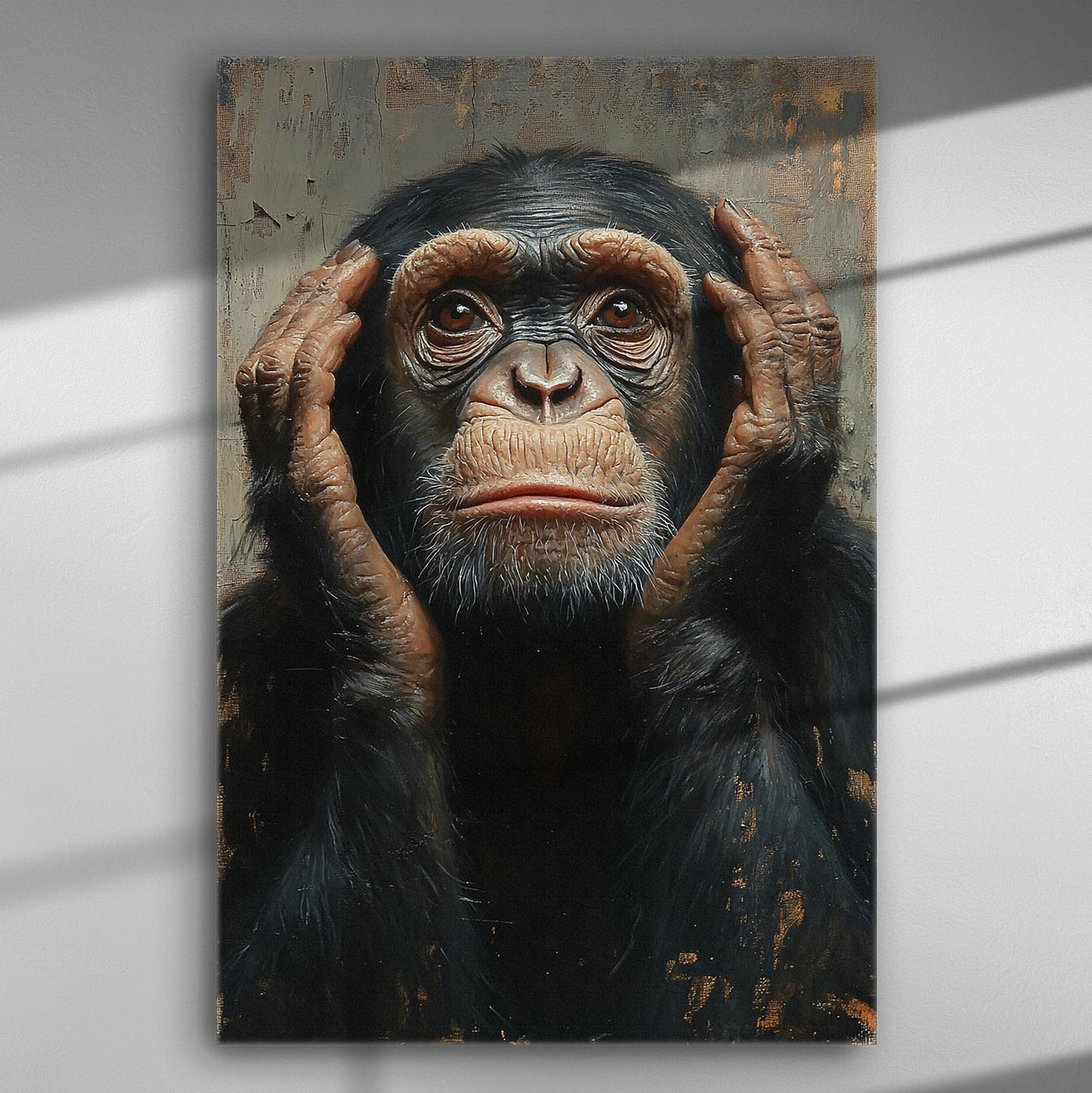 Chimpanzee with a contemplative look on canvas, perfect for decor