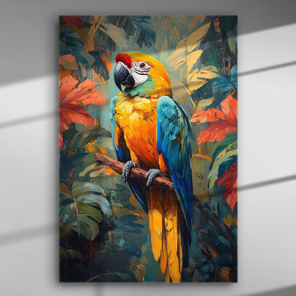 Colorful parrot canvas print with vibrant tropical background.