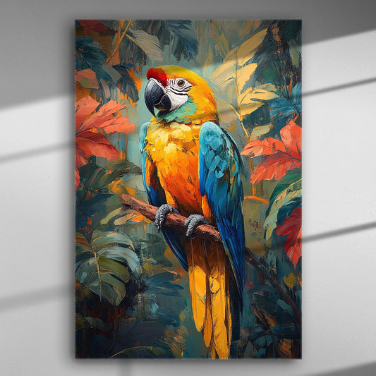 Colorful parrot canvas print with vibrant tropical background.