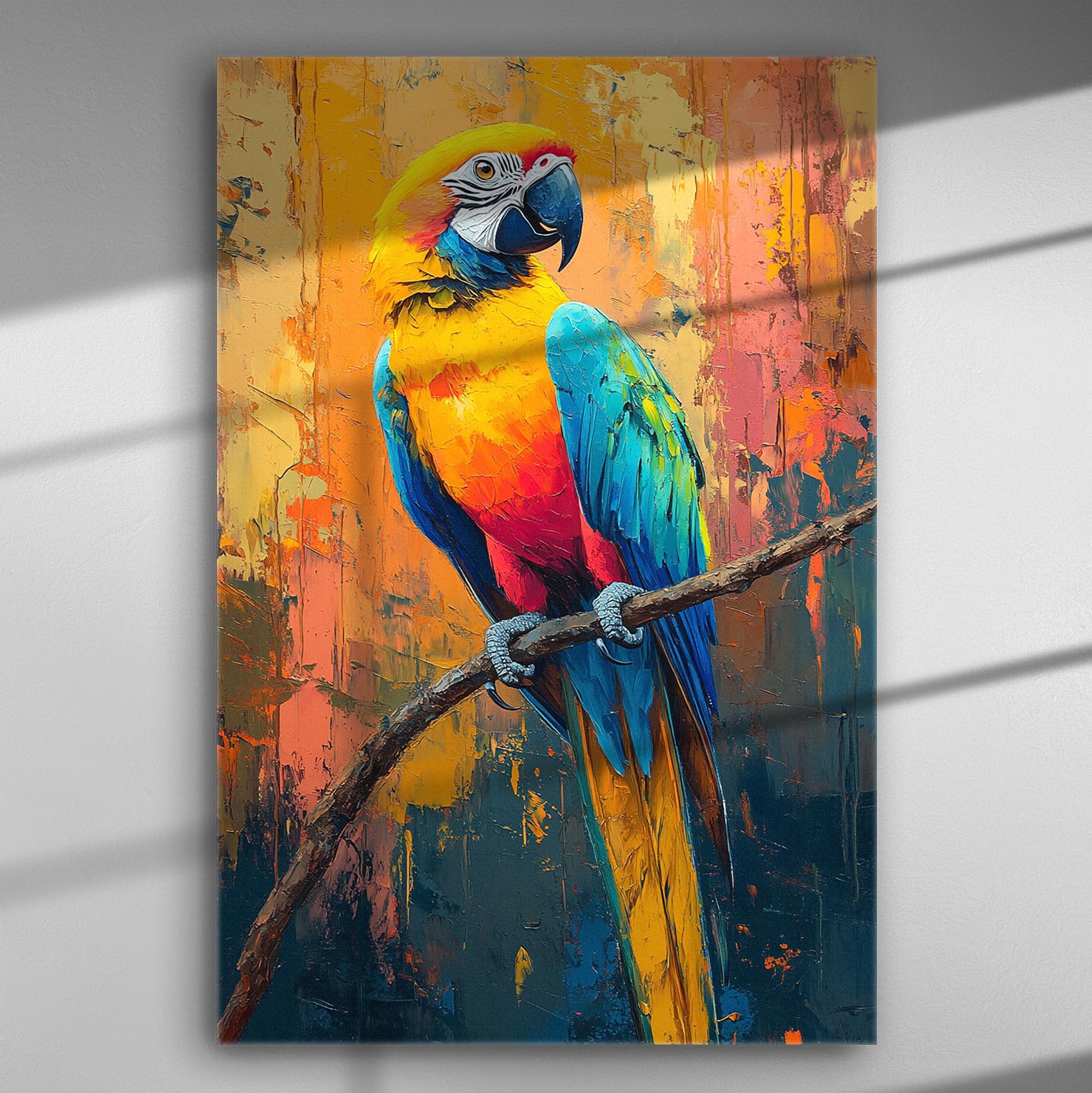 A vibrant canvas print of a colorful macaw against an orange background.