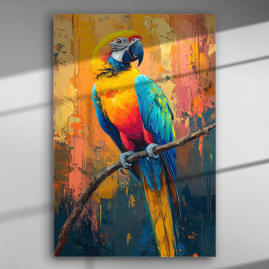 A vibrant canvas print of a colorful macaw against an orange background.