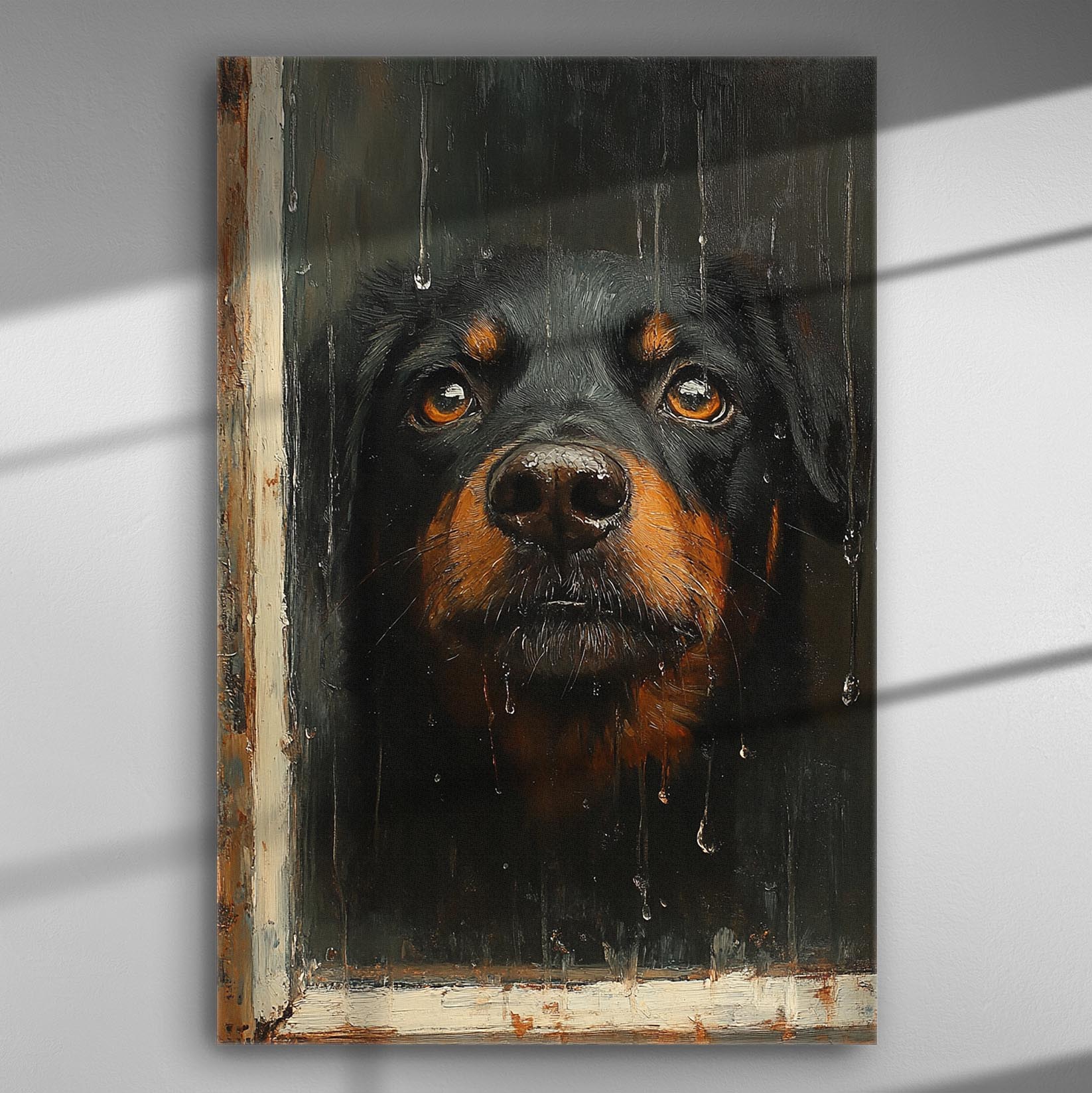 A painting of a dog's face looking through a rainy window, creating an emotional and dramatic effect.