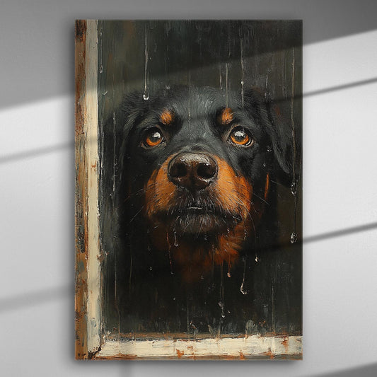 A painting of a dog's face looking through a rainy window, creating an emotional and dramatic effect.