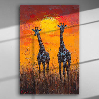 Canvas print with giraffes in front of a sunset.