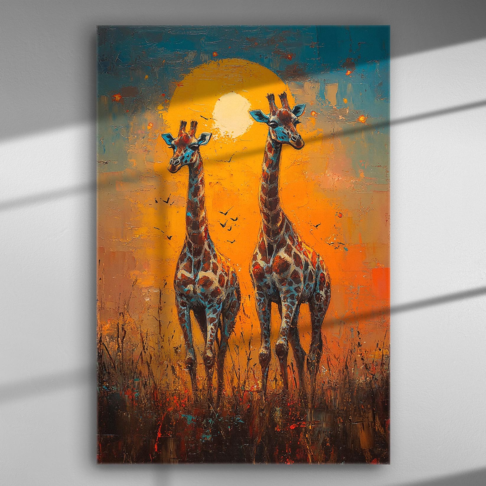 Canvas print of two giraffes against an orange sunset background, with abstract details.