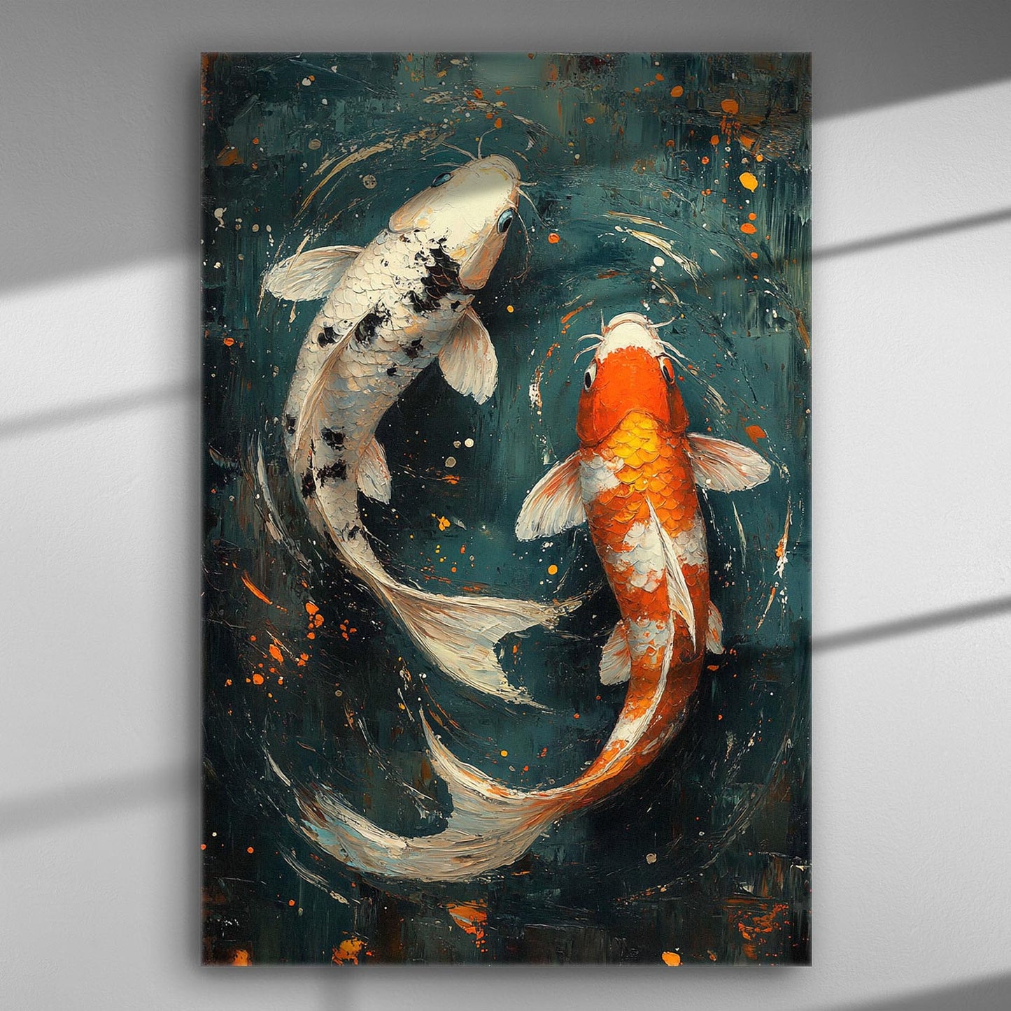 Artistic canvas depicting two koi fish in a dynamic swirling pattern with vivid colors.