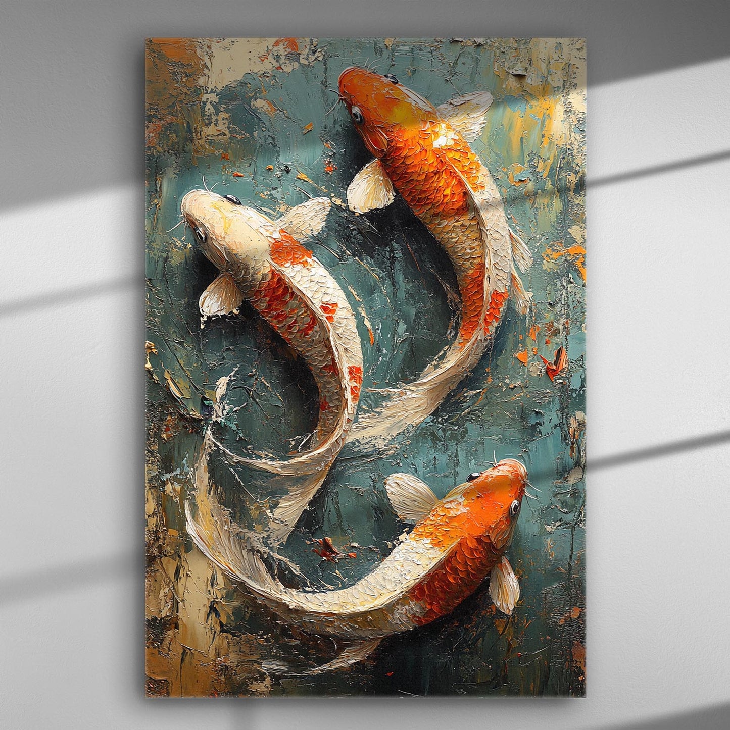 Three colorful koi fish swimming on a textured blue background canvas.