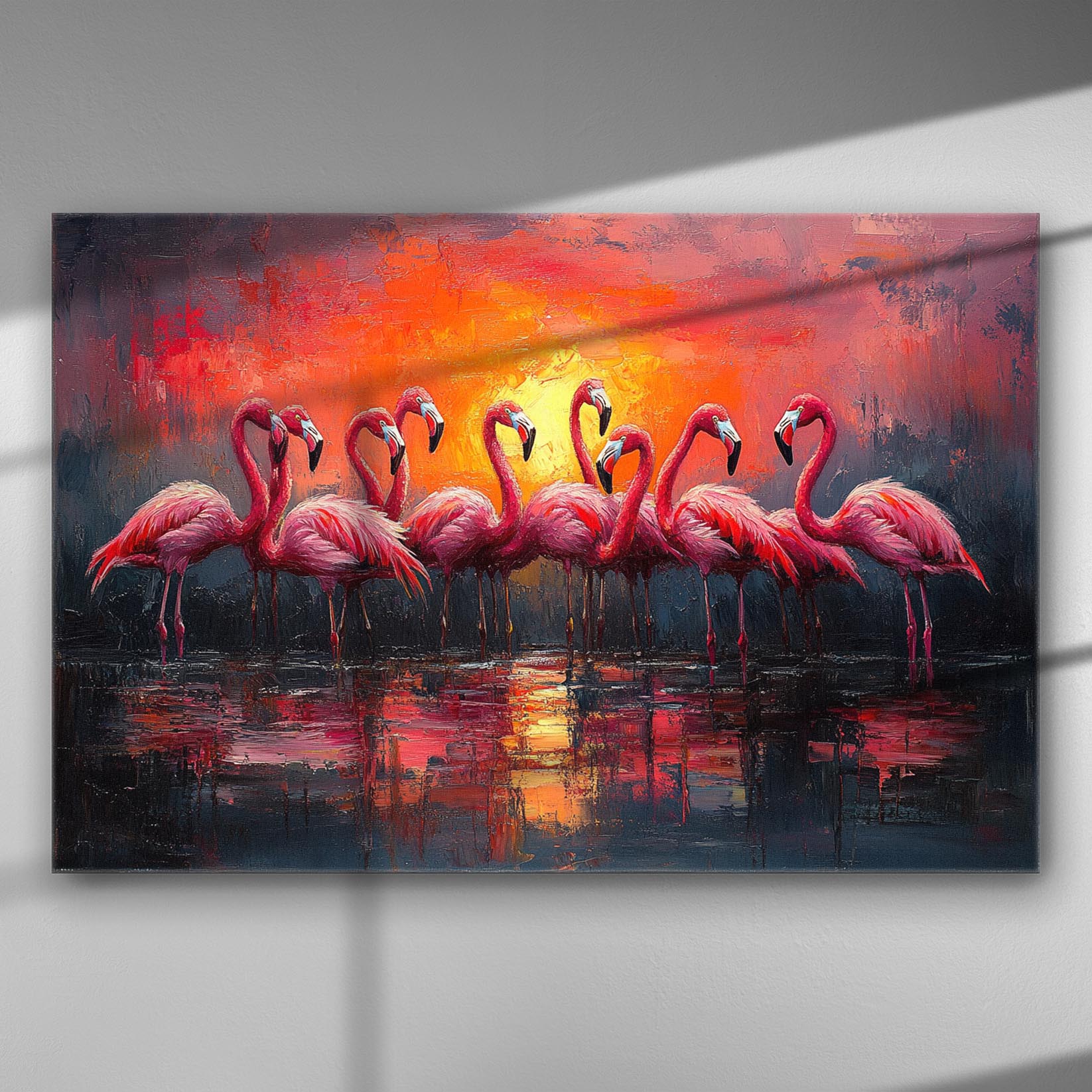 Flamingos at sunset canvas art with vibrant red and orange colors