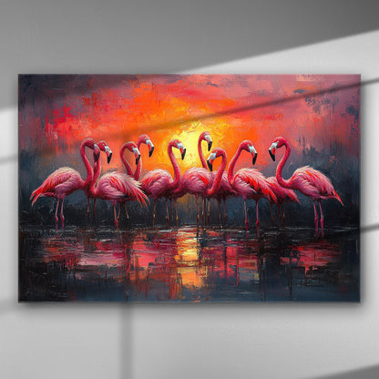 Flamingos at sunset canvas art with vibrant red and orange colors