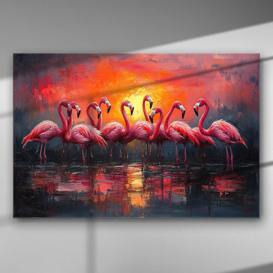 Flamingos at sunset canvas art with vibrant red and orange colors