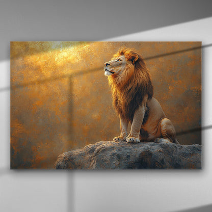 Canvas print of a majestic lion sitting on a rock with warm sunlight highlighting its mane.