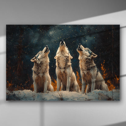 Three wolves howling under a starry night sky on a canvas print.