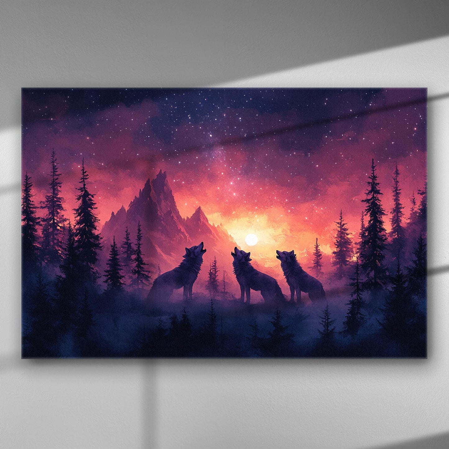 Three wolves howling at the sunset in a forest with a starry sky in the background.