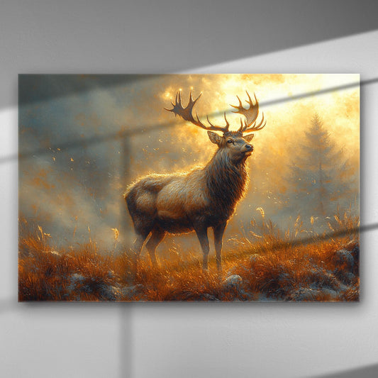 Canvas print of a majestic deer illuminated by sunlight in a forest setting.