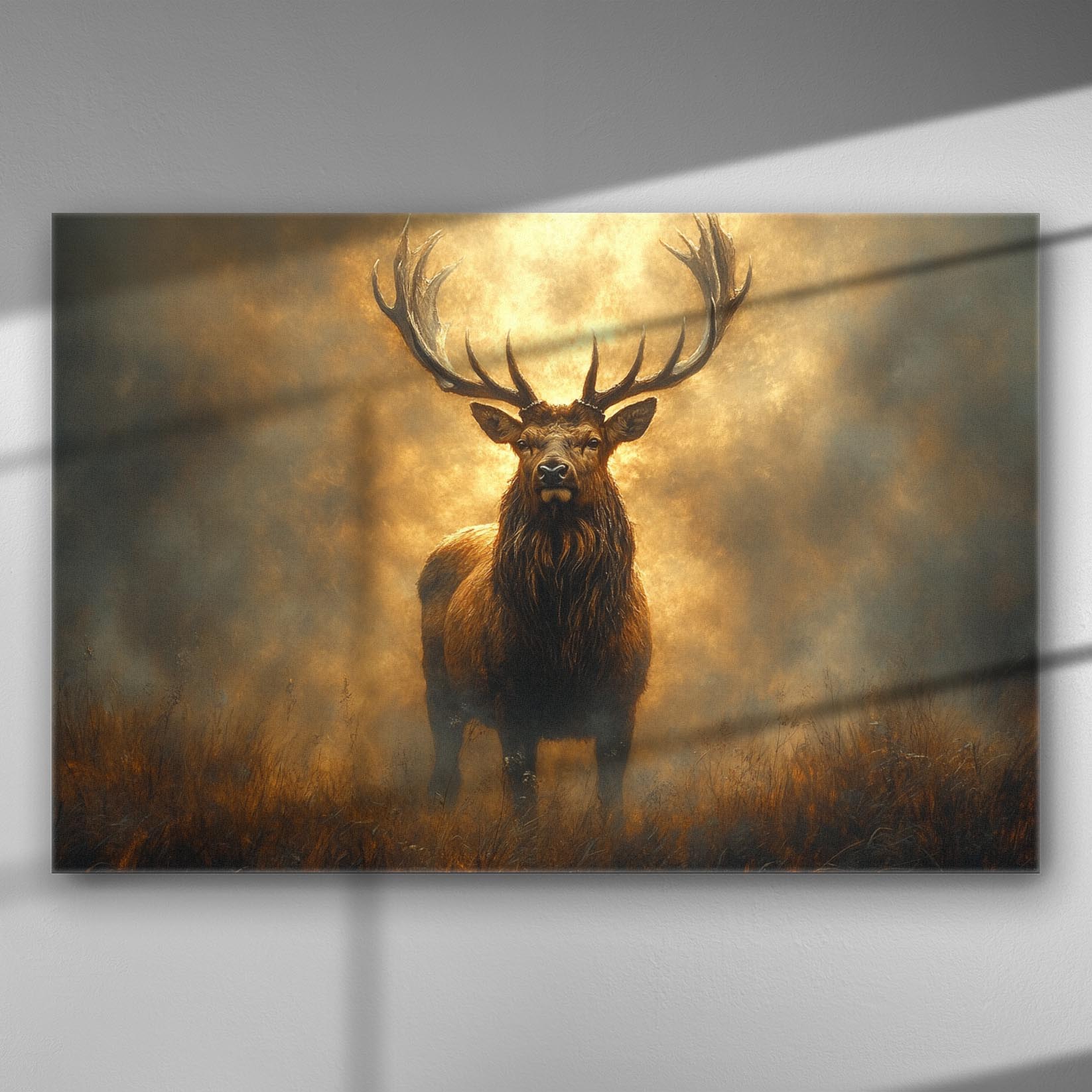 Canvas print of a majestic deer standing in golden dawn with dramatic lighting.