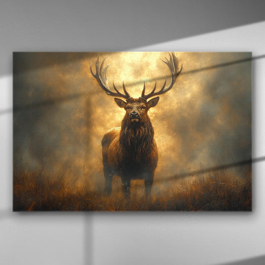 Canvas print of a majestic deer standing in golden dawn with dramatic lighting.