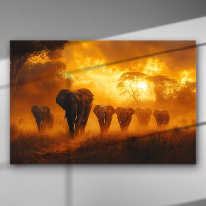 Canvas print of elephants walking through a savanna at sunset, with orange hues and trees in the background.