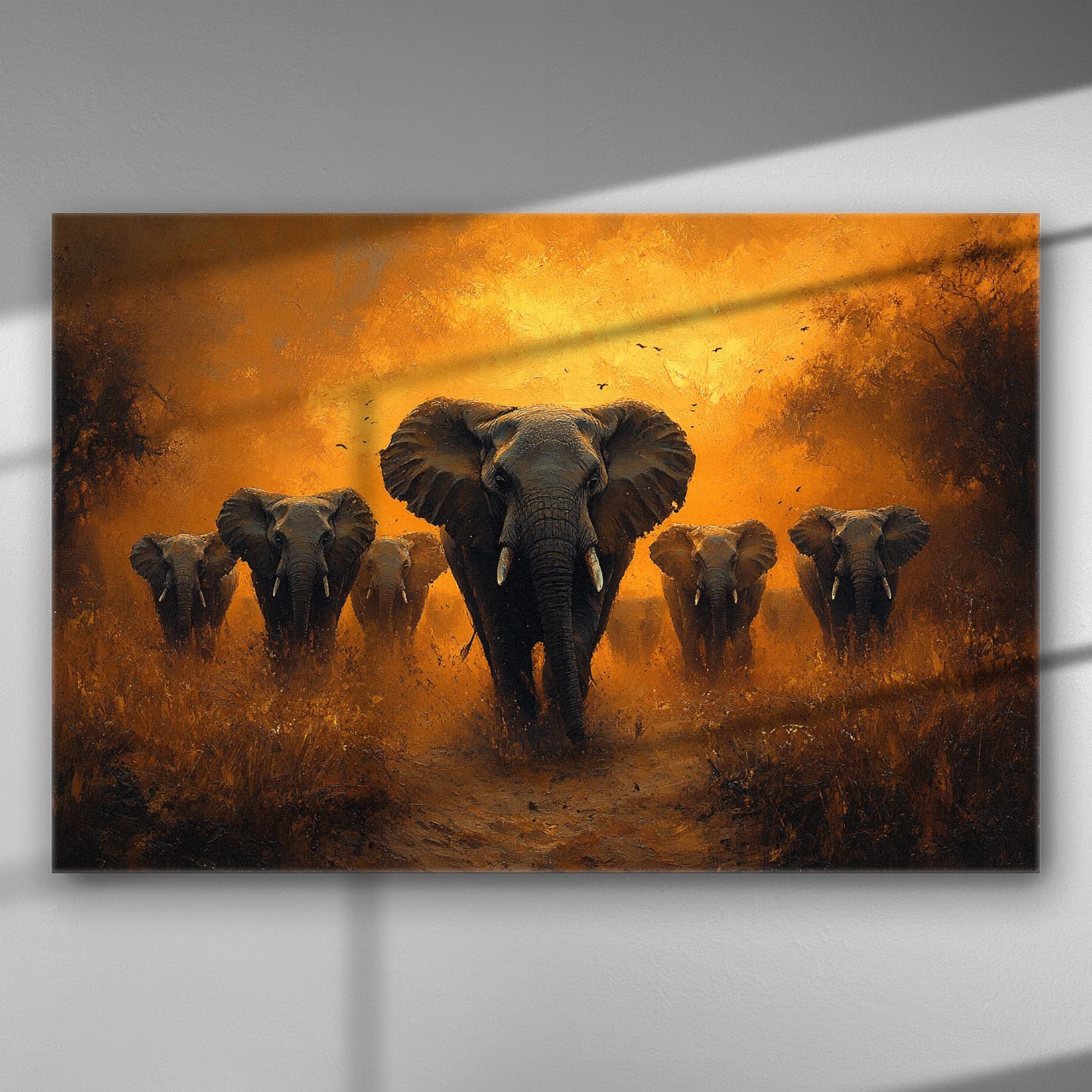 Elephants walking through a golden horizon on a canvas print.