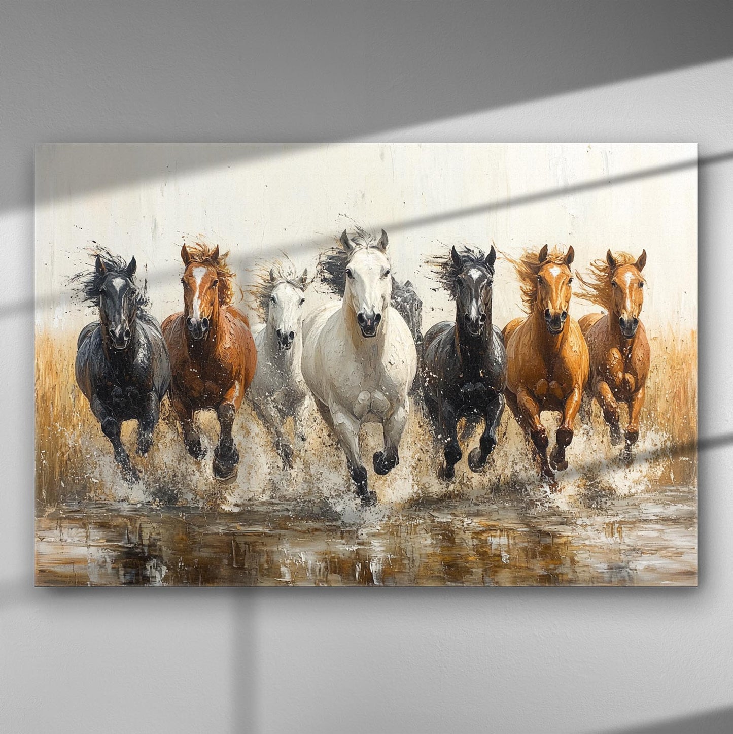 Canvas print depicting a herd of horses running through water with energy and freedom.