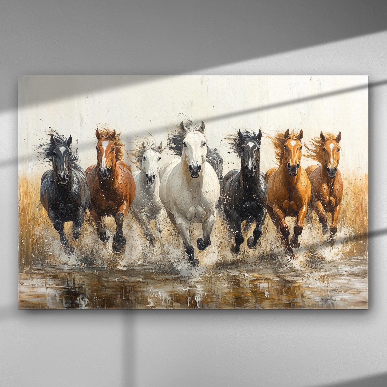 Canvas print depicting a herd of horses running through water with energy and freedom.