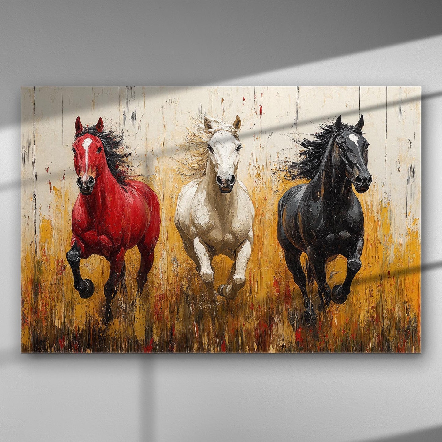 Three dynamic horses in red, white, and black running on a vibrant abstract background.