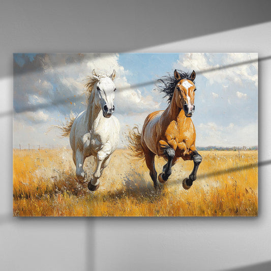 Painting of two horses running freely in a field with a cloudy sky.