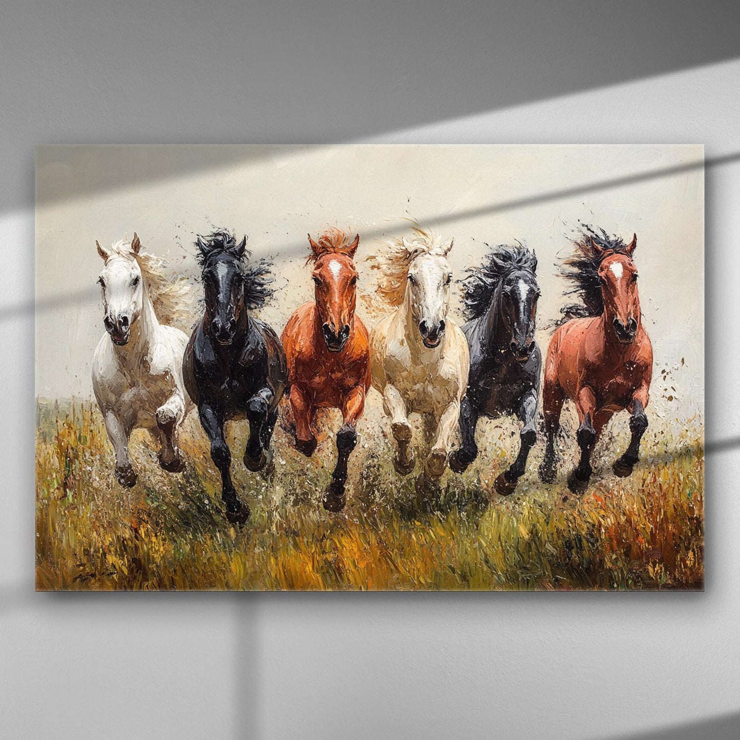 Canvas print of galloping horses in various colors across a field.