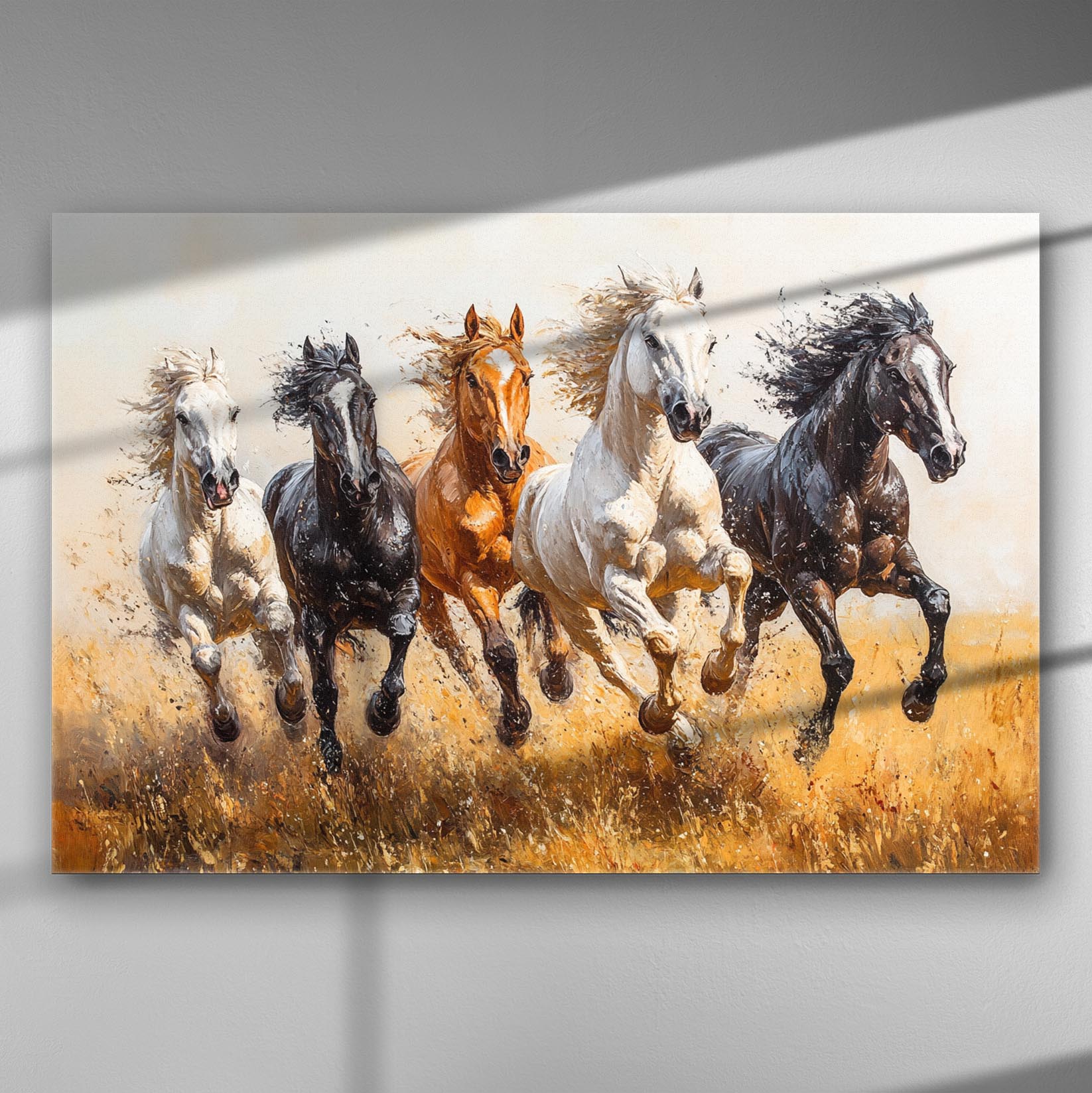 Dynamic painting of galloping horses across a golden field canvas.
