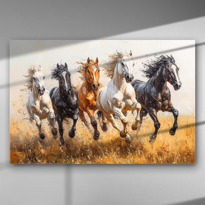 Dynamic painting of galloping horses across a golden field canvas.