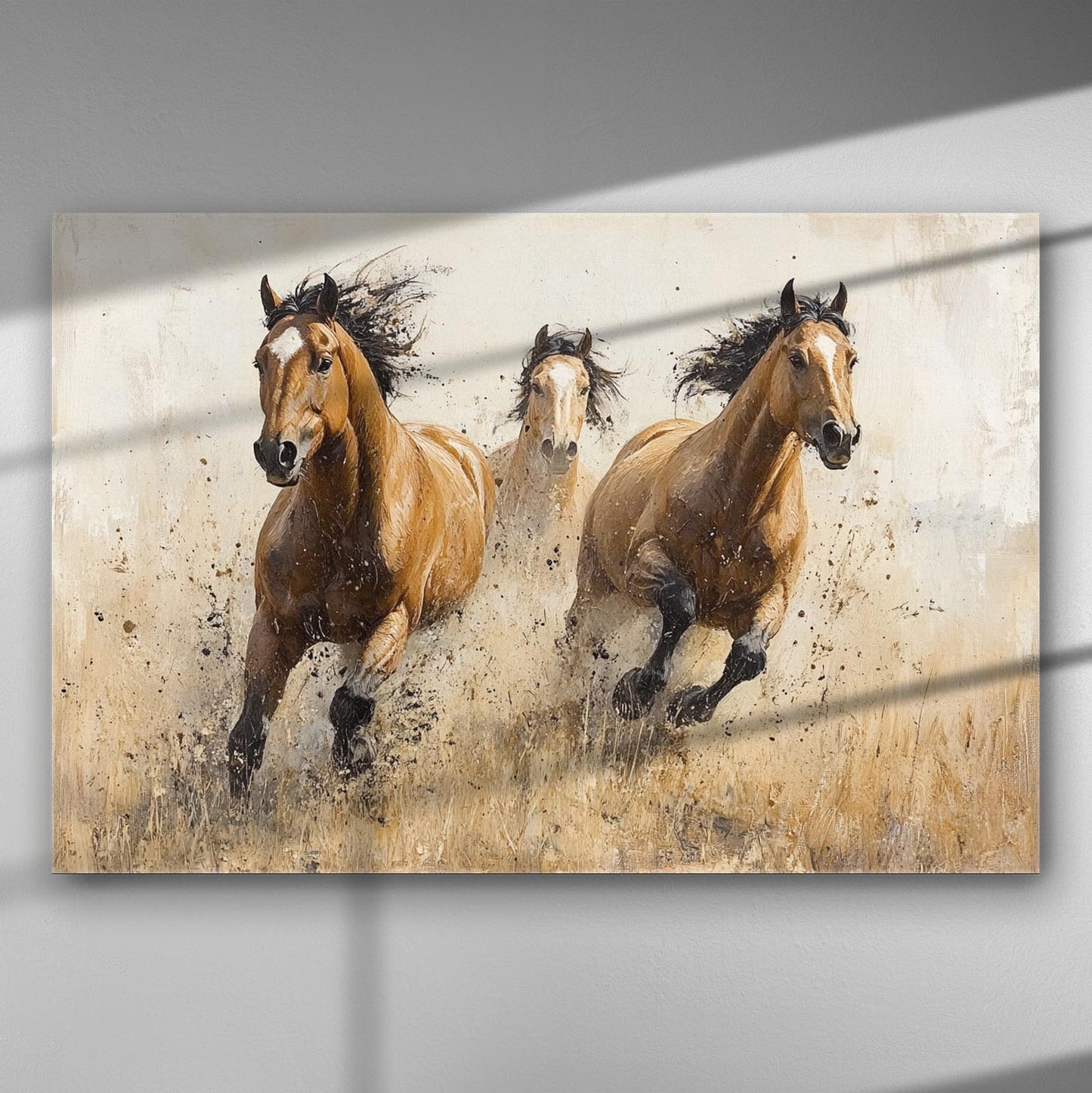 Three powerful horses running in a field on a canvas print, evoking freedom and energy.