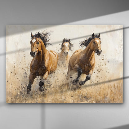 Three powerful horses running in a field on a canvas print, evoking freedom and energy.